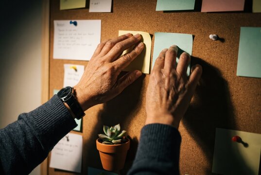 Generative AI, Close-up of hands placing sticky notes on cork board