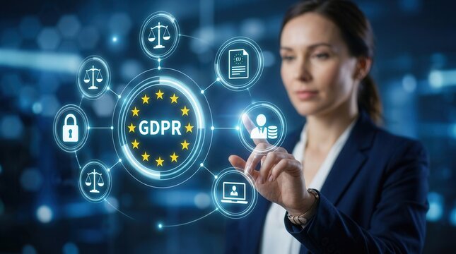 Businesswoman touching a digital GDPR concept interface.