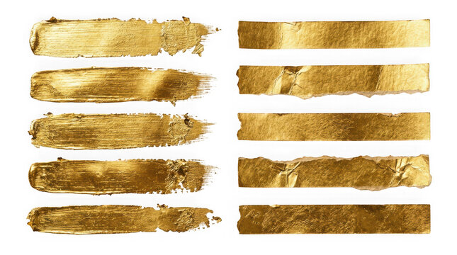 Collection of gold paint brush strokes and metallic foil strips isolated on transparent background