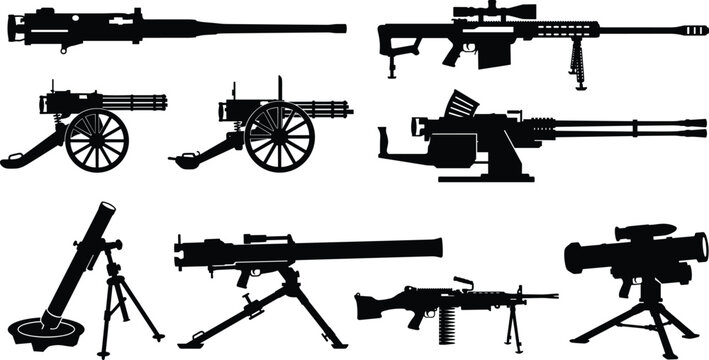 Set of black silhouettes of heavy military weapons, sniper rifles, artillery, and machine guns.