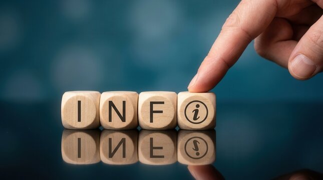 A hand touching a wooden block with an information symbol to complete the word INFO.
