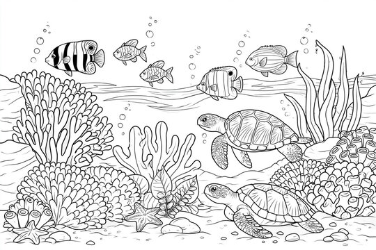 Underwater world teems with life, calm, and wonder. Turtles glide gracefully through coral and sea grass. Fish dart around with playful, curious energy. Bubbles float upward, hinting at deep