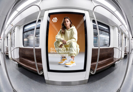Vertical Billboard in Empty White and Wooden Subway Train Mockup