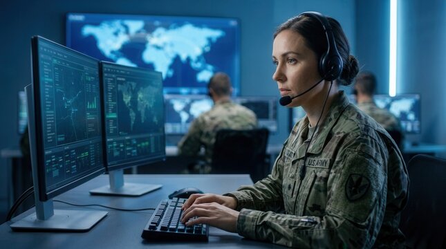 Dedicated military personnel working in a high-tech command center.