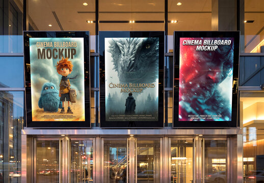 Three Digital Vertical Cinema Billboard Screens Mockup
