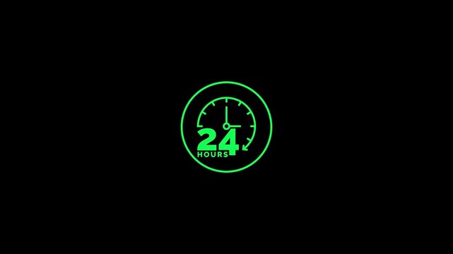 Neon Green 24-Hour Clock Icon Glowing on Black Background, Symbolizing Continuous Availability, Customer Support, Business Service, and Nonstop Assistance