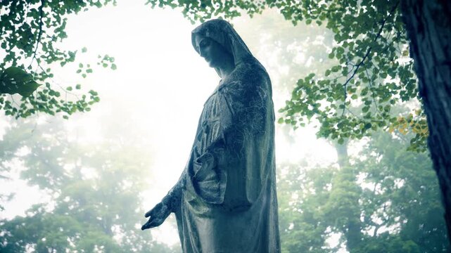 Old Virgin Mary statue at Bernardine Cemetery in Vilnius, Lithuania &ndash; sliding camera movement