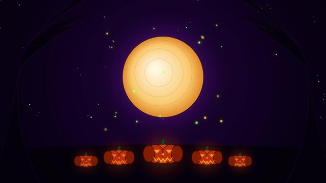 Halloween night with large full moon and glowing jack o lanterns