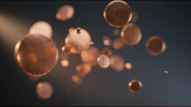 Layered copper bokeh shapes with floating over a dark slate grey gradient, cinematic visual effect for elegant light and celebration