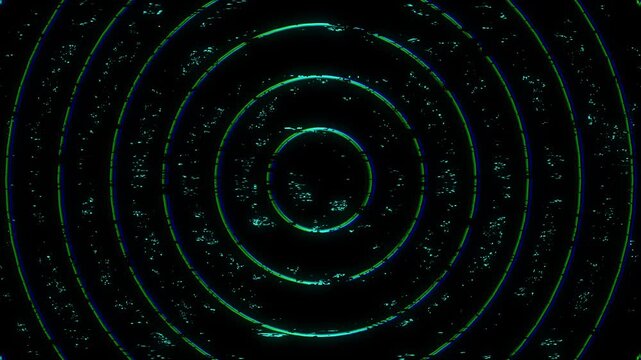 Looping motion graphic of glowing cyan and green concentric circles radiating and expanding outward with a digital glitch and noise distortion effect on a black background.