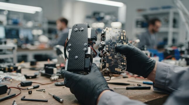 Robotics engineer comparing carbon fiber and silicon circuit robot arm modules with servo motors and wiring on a lab workbench