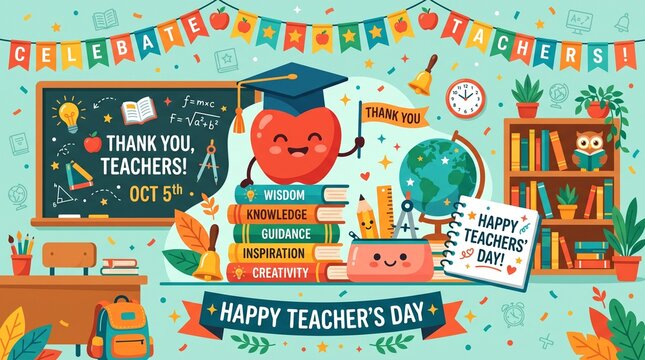 Cartoon apple character with graduation cap and school supplies in a festive classroom teacher's day