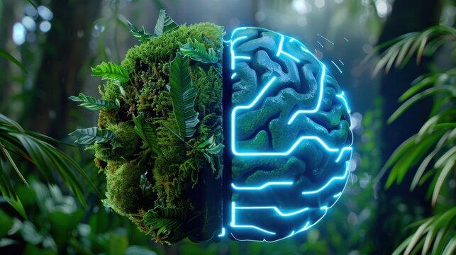 Futuristic Brain Concept with Lush Greenery Representing Nature and Technology in a Tropical Jungle Setting