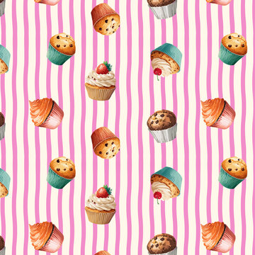 Cute and pop watercolor muffin seamless pattern on striped background