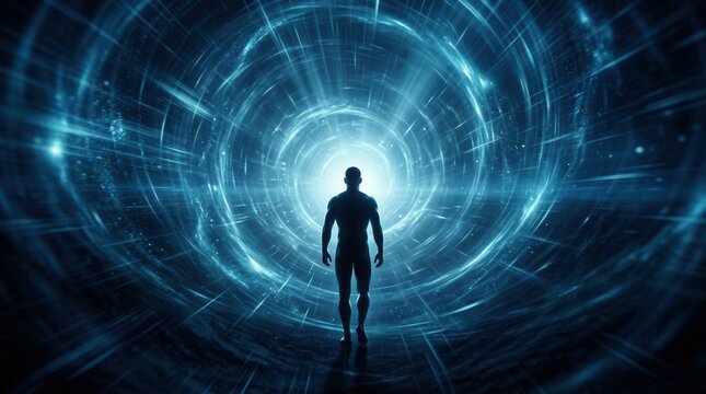 A silhouette of a man walking through an abstract technology tunnel representing quantum computing.