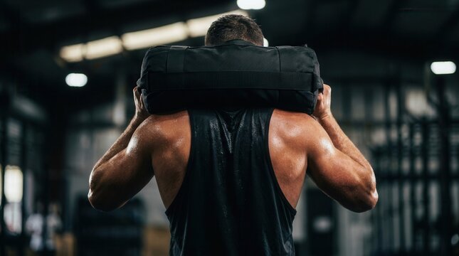 Muscular athlete carrying a heavy sandbag on his shoulders during a gym workout.