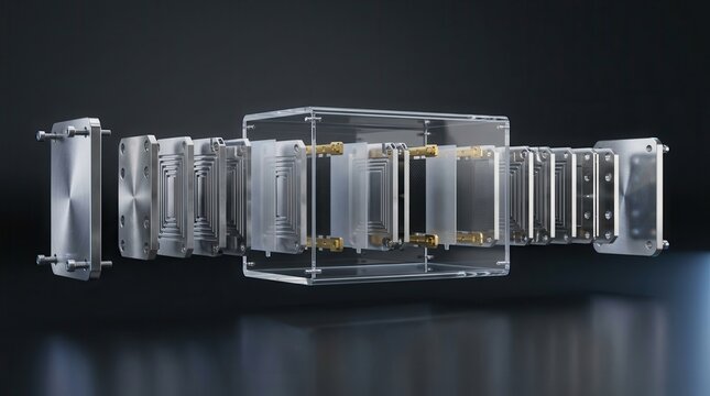 An exploded view of hydrogen fuel cell stack components for renewable energy technology.