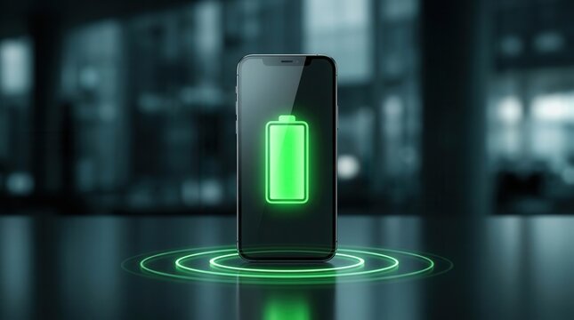 Fully charged smartphone with a glowing green battery icon and wireless charging concept.