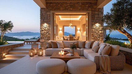 Obraz premium Luxury Mediterranean Villa Terrace with Sea View at Twilight, Elegant Outdoor Living Space