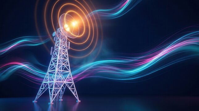 A wireless communication tower emitting glowing signal waves against a dark background.