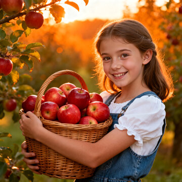 Smiling Young Girl Holds a Full Basket of Bright Red Apples in a Golden Hour Orchard during Autumn Harvest