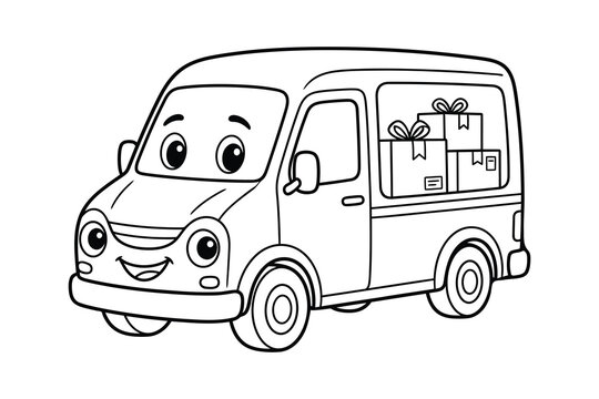 Cute Cartoon Van Line Art Coloring Page Vector