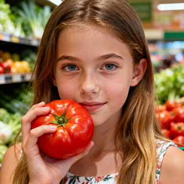 A Charming Young Girl with Long Hair Smiles, Holding a Large Red Tomato in a Brightly Lit Grocery Store Produce Section