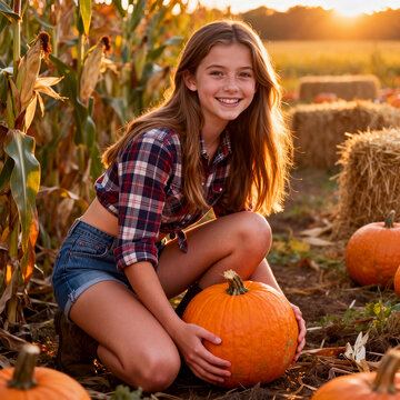 Smiling Young Girl Kneeling with a Pumpkin Amidst Golden Cornfield and Hay Bales at Sunset during Autumn