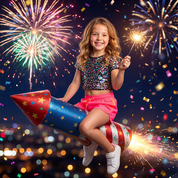 Smiling Girl on a Dazzling Rocket Holds a Sparkler Amidst Exploding Fireworks and Festive Confetti Under the Night Sky