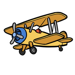 Cute cartoon yellow biplane vintage propeller aircraft air transportation vehicle illustration isolated on transparent background © pranowo