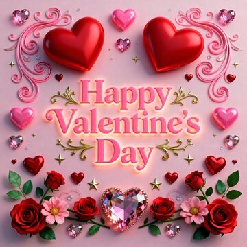 A Festive Happy Valentine's Day Greeting Adorned with Glowing Pink Text, Glossy Hearts, Sparkling Gemstones, and Elegant Floral Arrangements on a Soft Pink Backdrop.
