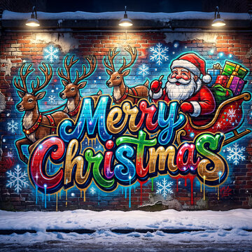 Vibrant 'Merry Christmas' Graffiti Street Art Adorning a Snowy Brick Wall, Illuminated by Streetlights, Featuring Santa and Reindeer