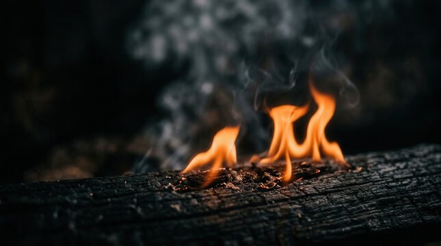 Minimal low key scene with small orange flames and drifting smoke.