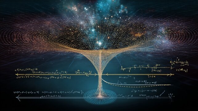 An intricate visualization of the standard hypothesis depicting a swirling black hole surrounded by cosmic elements, mathematical equations flowing elegantly with a backdrop of vibrant galaxies and st