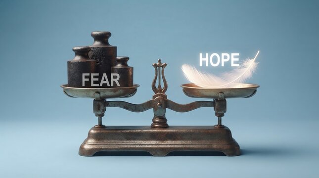 Balance Scale Comparing Heavy Weights marked Fear with Feather marked Hope