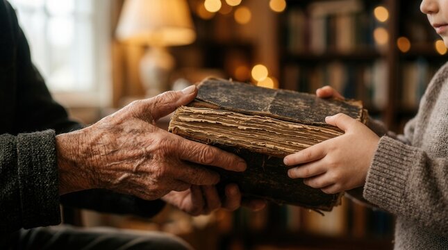 An elder hands an ancient, well-worn book to a child, representing the passing of knowledge.