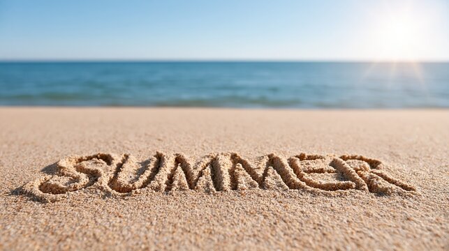 Word Summer Written in Sand on a Sunny Beach with Ocean Horizon and Blue Sky