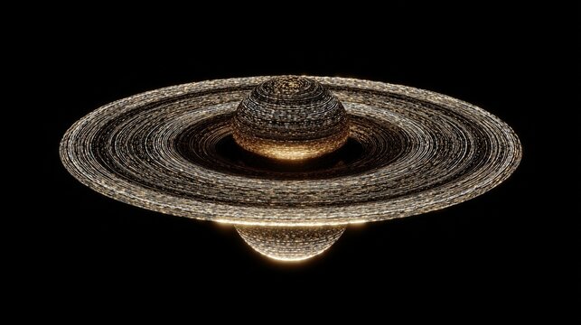 A stunning visualization of a topological defect hypothesis resembling a massive, luminous planet surrounded by intricate rings against a deep black backdrop, showcasing vibrant details and dynamic li