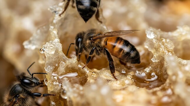 Honey bees working on a textured honeycomb frame with honey production insect macro bee colony macro photography worker bee animal life wildlife