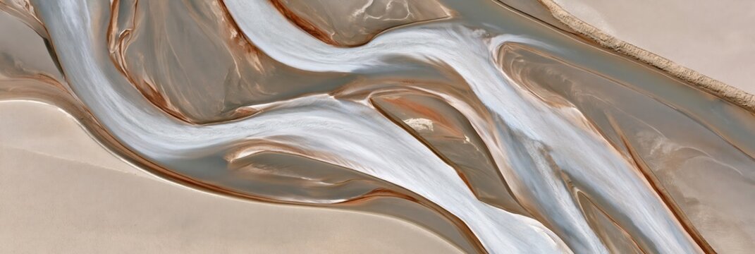 Abstract aerial view of sinuous tidal channels on sandy flats with low water flow
