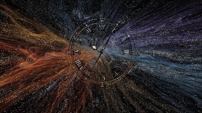 An intricate abstract visualization representing time and the cosmos, featuring a clock merging vibrant streams of color with cosmic elements, creating a mesmerizing illusion of motion and depth.