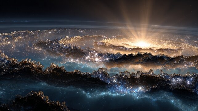A stunning cosmic scene depicting a luminous spiral galaxy emerging from an ethereal sea of stars, with radiant light bursting from its core, creating a mesmerizing blend of darkness and illumination,