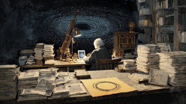 A solitary astronomer deeply engrossed in celestial observations within a historic observatory, surrounded by stacks of books and scientific papers, evoking a sense of wonder and discovery under a sta