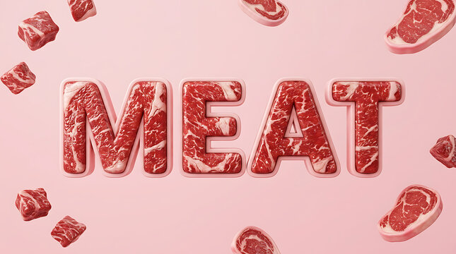 3D text displaying MEAT spelled with marbled raw beef steak textures on pink background