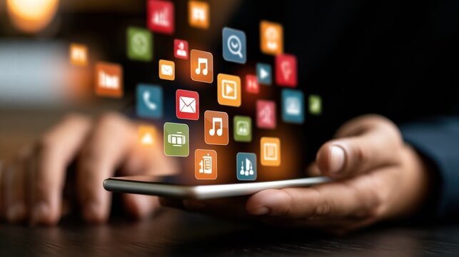 Person holding smartphone with colorful app icons floating above, symbolizing digital connectivity and mobile technology