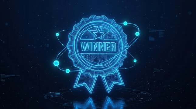 3D glowing blue futuristic winner ribbon with a wireframe tech design.