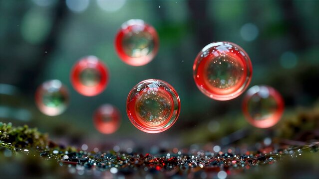 Floating red bubbles glow softly above mossy ground in a mystical forest setting.