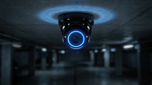 Modern security camera with a glowing blue ring light mounted on a concrete ceiling.
