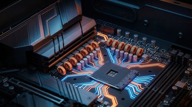 Advanced computer motherboard with glowing blue and orange circuits and toroidal inductors.