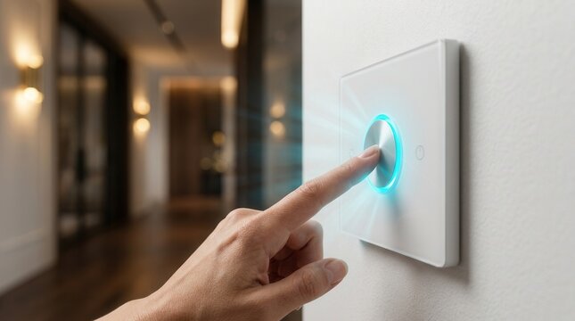 A finger presses a glowing blue button on a smart home control panel in a luxurious interior.